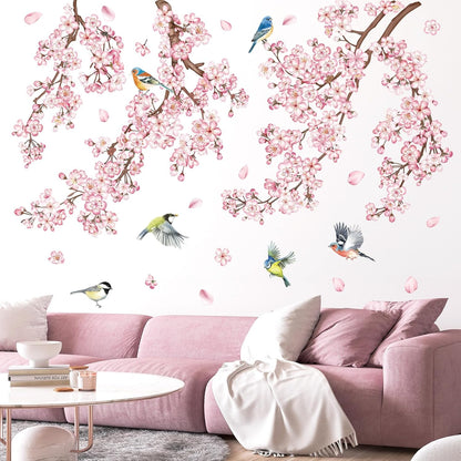 decalmile Large Cherry Blossom Tree Branch Wall Decals Pink Flower Vine Birds Wall Stickers Girls Bedroom Living Room Nursery Wall Decor