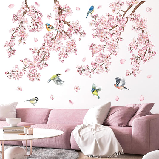 decalmile Large Cherry Blossom Tree Branch Wall Decals Pink Flower Vine Birds Wall Stickers Girls Bedroom Living Room Nursery Wall Decor
