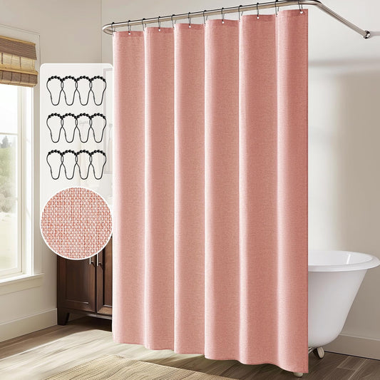 MIULEE Linen Shower Curtain with 12 Metal Hooks Modern Heavy Duty Washable Fabric Shower Curtain Set Waterproof Thick Cloth Shower Curtains for Bathroom Hotel Bathtub, W72*L72, Blush Pink