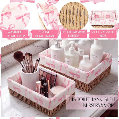 SiliFine Pink Bow Toilet Paper Storage Basket Set of 2 Chinoiserie Decorative Wicker Bathroom Organizer for Toilet Tank Trays Holder Bin for Shelves Fits with Any Bathroom Decorative