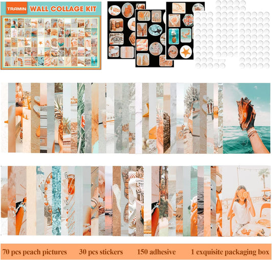 TRAMIN Peach Beach Posters, Wall Art Print for Room, Boho Style Collage Kit Aesthetic Pictures, 100 Pcs, Teal Color Room Decor for Girls, Dorm Photo Display