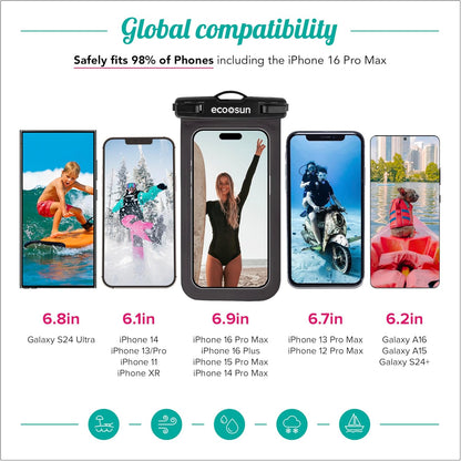 Eco Sun Waterproof Phone Pouch (2-Pack) — Designed in Hawaii — Case Fits All iPhones (incl. 17 Pro Max), Samsung Galaxy S24 & More (Black/Pink)