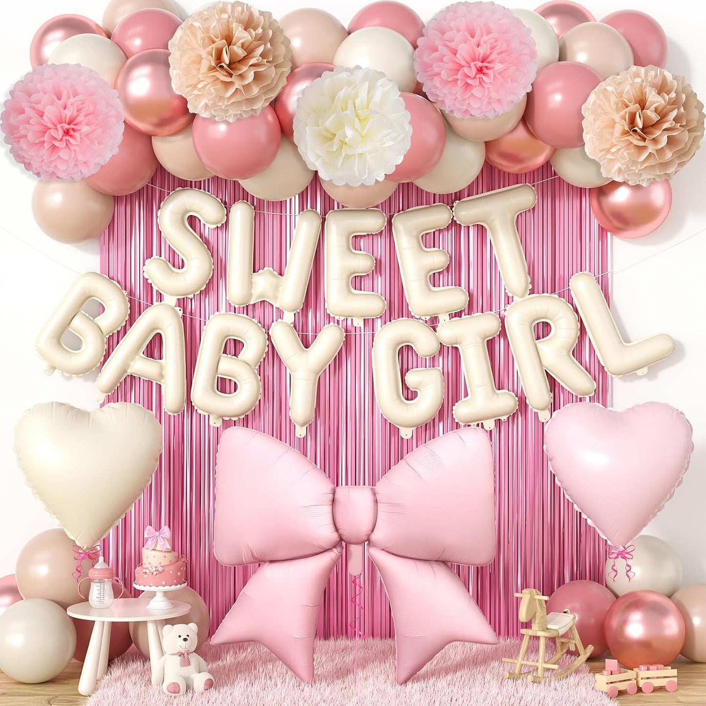Blush Pink White Baby Shower Decorations, Sweet Baby Girl Foil Banner, Huge Bow Heart Balloons, Fringe Curtains Tissue Pom Poms, Dusty Pink Sand White Balloon Boho Fairy Girl Birthday Party Supplies