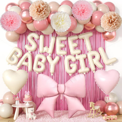 Blush Pink White Baby Shower Decorations, Sweet Baby Girl Foil Banner, Huge Bow Heart Balloons, Fringe Curtains Tissue Pom Poms, Dusty Pink Sand White Balloon Boho Fairy Girl Birthday Party Supplies