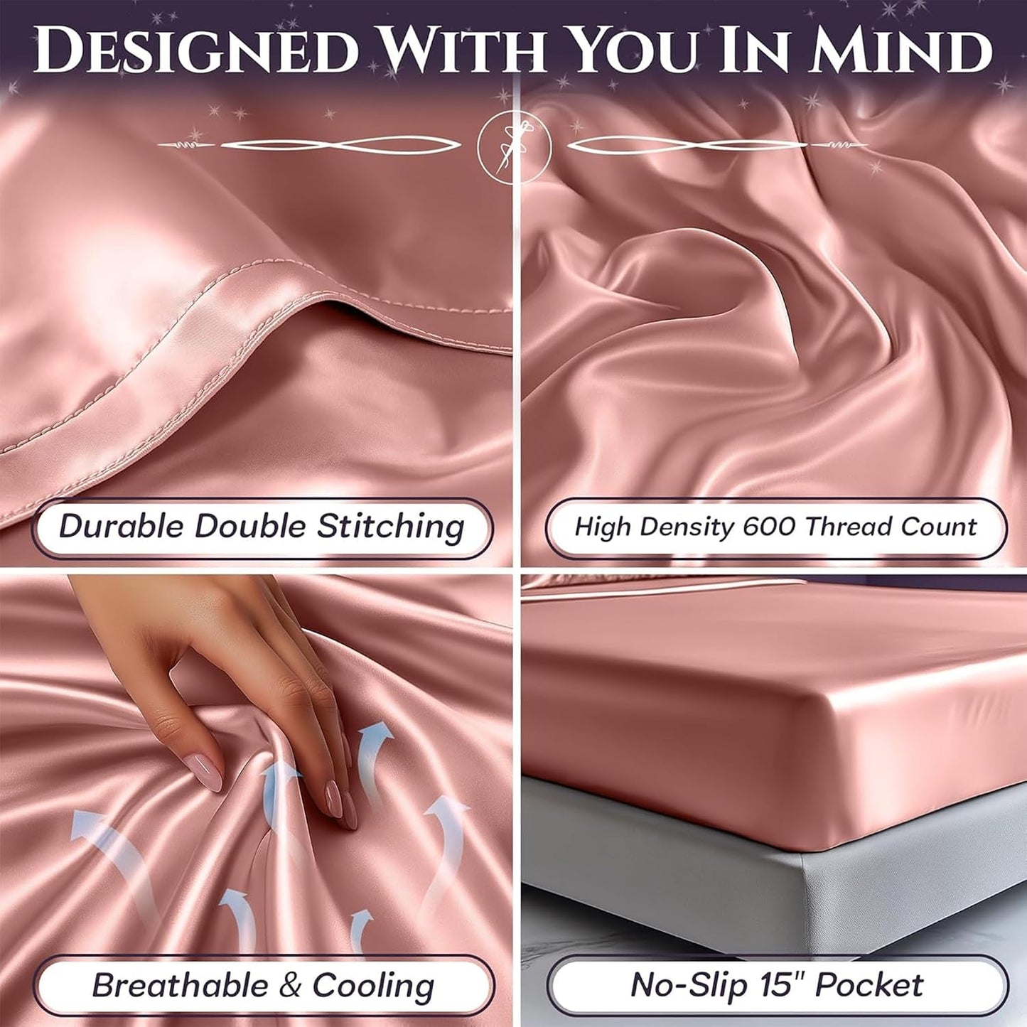 SLEEP SANCTUARY Satin Sheets King Size – 4 Piece Luxury Silky Bed Set, Softer Than Silk, 15" Deep Pocket, Cooling & Wrinkle-Free, Moisture-Wicking & Breathable for Hair & Skin (Blush Pink)
