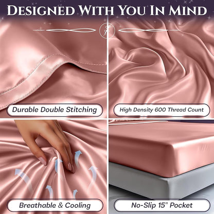 SLEEP SANCTUARY Satin Sheets King Size – 4 Piece Luxury Silky Bed Set, Softer Than Silk, 15" Deep Pocket, Cooling & Wrinkle-Free, Moisture-Wicking & Breathable for Hair & Skin (Blush Pink)
