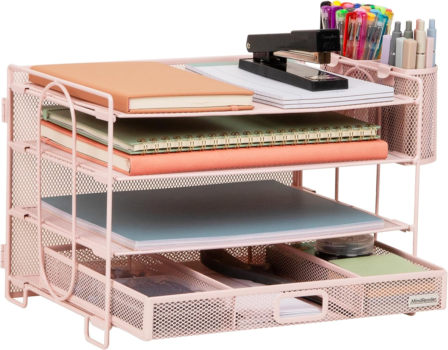 Mind Reader Mesh Desk Organizer, 3 Trays, 1 Drawer, 2 Pen Holders, Office Desktop Organizer, Metal Mesh, Pink