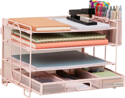 Mind Reader Mesh Desk Organizer, 3 Trays, 1 Drawer, 2 Pen Holders, Office Desktop Organizer, Metal Mesh, Pink