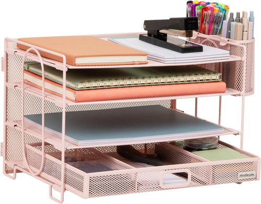 Mind Reader Mesh Desk Organizer, 3 Trays, 1 Drawer, 2 Pen Holders, Office Desktop Organizer, Metal Mesh, Pink