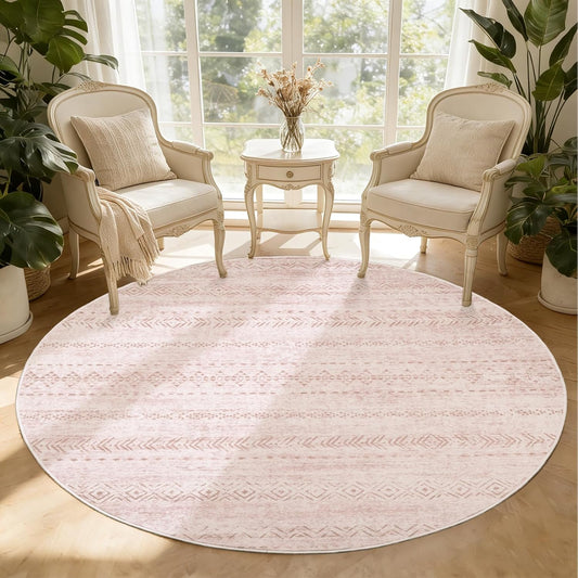 6FT Round Area Rug for Living Room, Washable Boho Moroccan Geometric Rug, Soft Low Pile Non Slip Large Indoor Carpet for Bedroom Dining Room Home Office, Neutral Farmhouse Rug,Pink