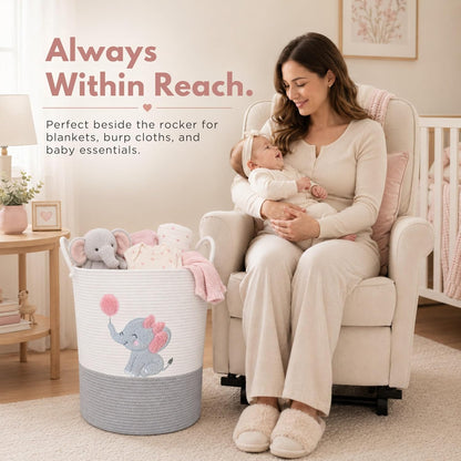 Elephant Laundry Hamper for Baby Girl Nursery – 20"x15" Cotton Rope Basket with Handles – Pink Baby Clothes Hamper, Blanket Storage, Stuffed Animal Organizer, Nursery Decor for Girls