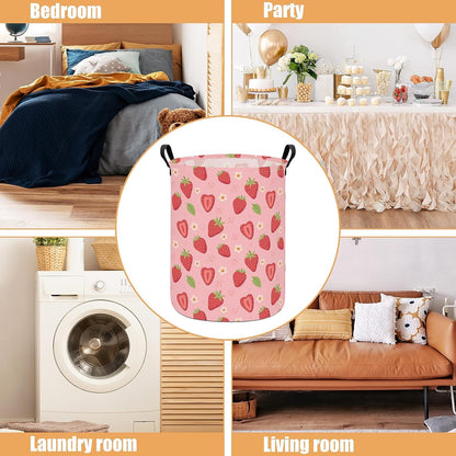 Pink Strawberry Floral Laundry Basket Canvas Fabric Collapsible Organizer Basket for Storage Bin Toy Bins Gift Baskets Bedroom Clothes Children Nursery Hamper (Flower Strawberry)