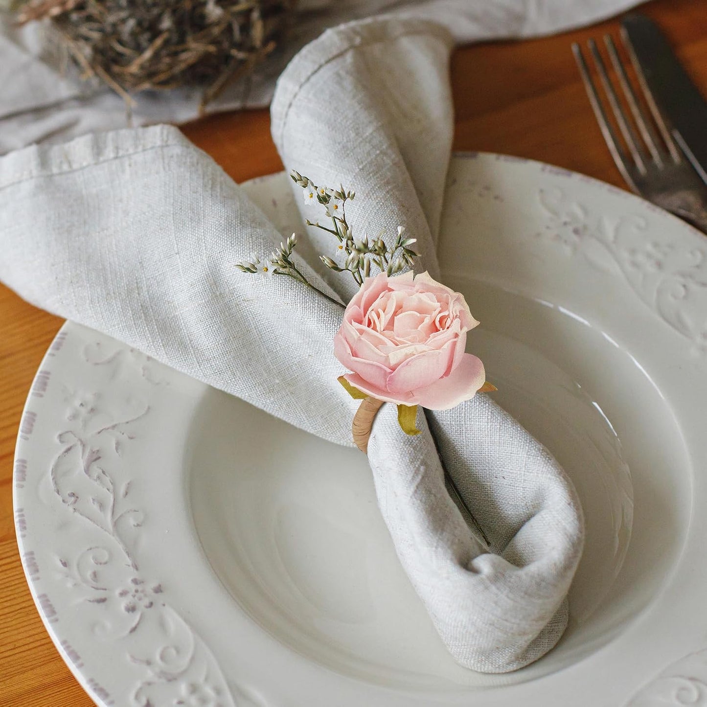 Handcraft Pink Rose Napkin Rings – 6-Pack Handmade Flower Napkin Holders with Jute Wrapped for Romantic Tablescapes, Birthday, Christmas, Thanksgiving, Weddings & Gifting
