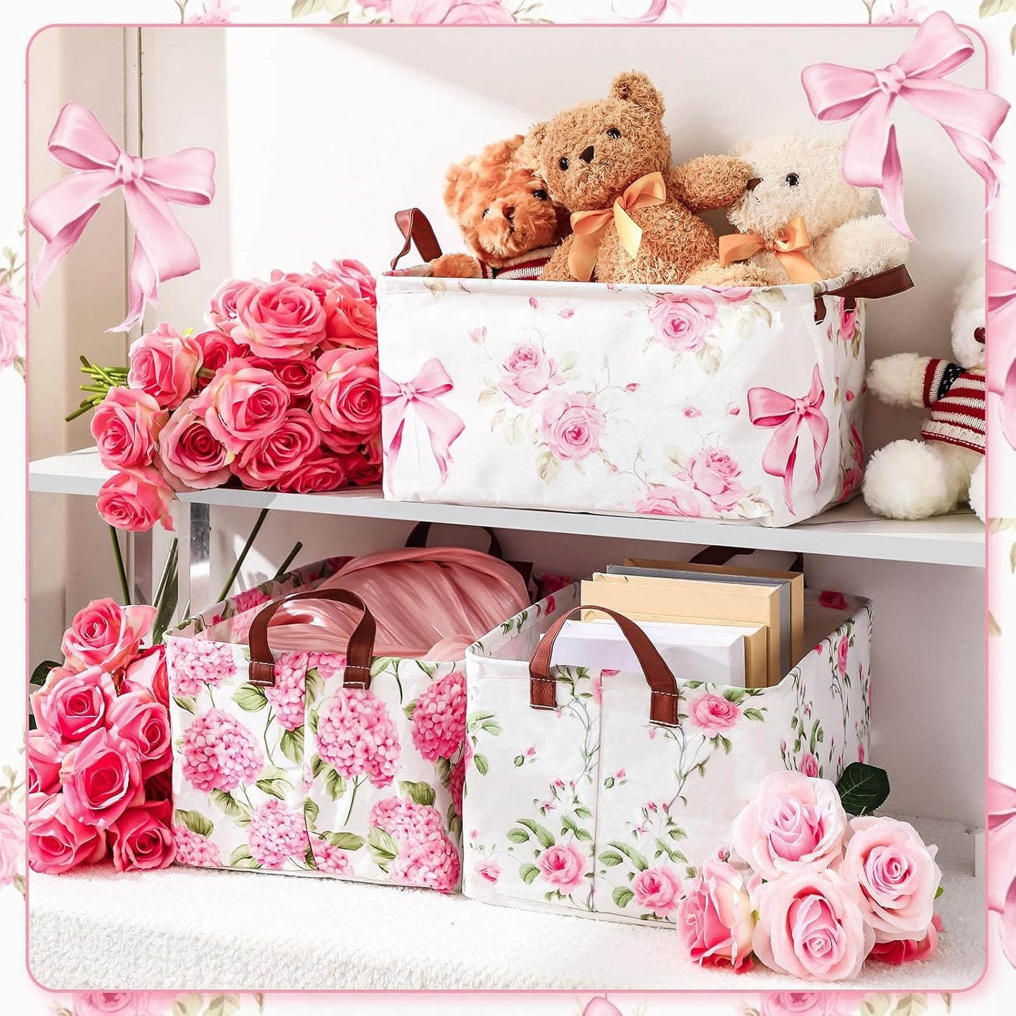 Boao Foldable Storage Baskets Dinosaur Easter Rabbit Classical Flowers Bow Laundry Basket with Handles Waterproof Storage Bins Fabric Shelf Baskets(15 x 11 x 8 Inches,Pink Floral,3 Pcs)