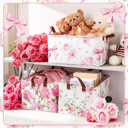Boao Foldable Storage Baskets Dinosaur Easter Rabbit Classical Flowers Bow Laundry Basket with Handles Waterproof Storage Bins Fabric Shelf Baskets(15 x 11 x 8 Inches,Pink Floral,3 Pcs)