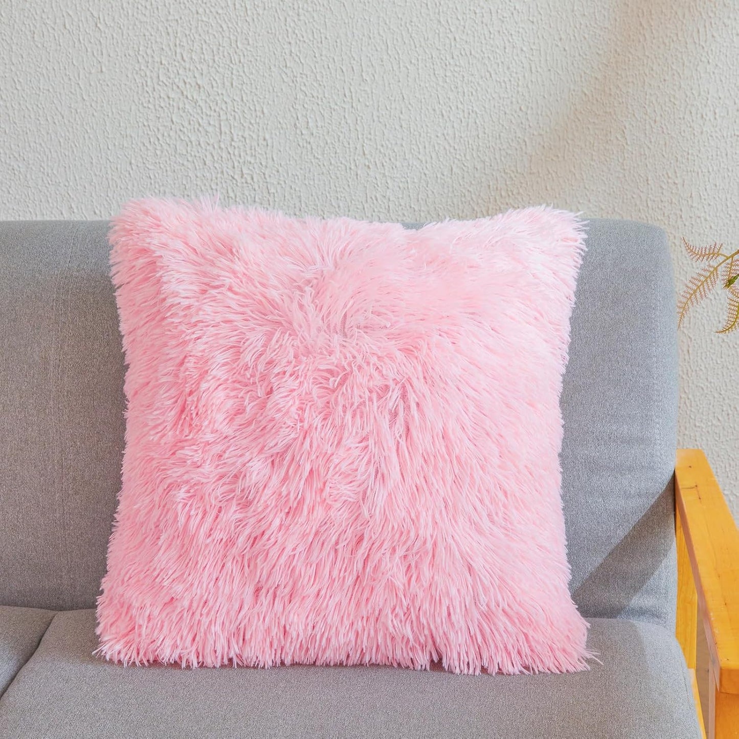 Pink Fluffy Faux Fur Throw Pillow Covers 18"x18", Shaggy Plush Fuzzy Furry Decorative Pillowcase Set for Sofa, Bedroom, or Living Room