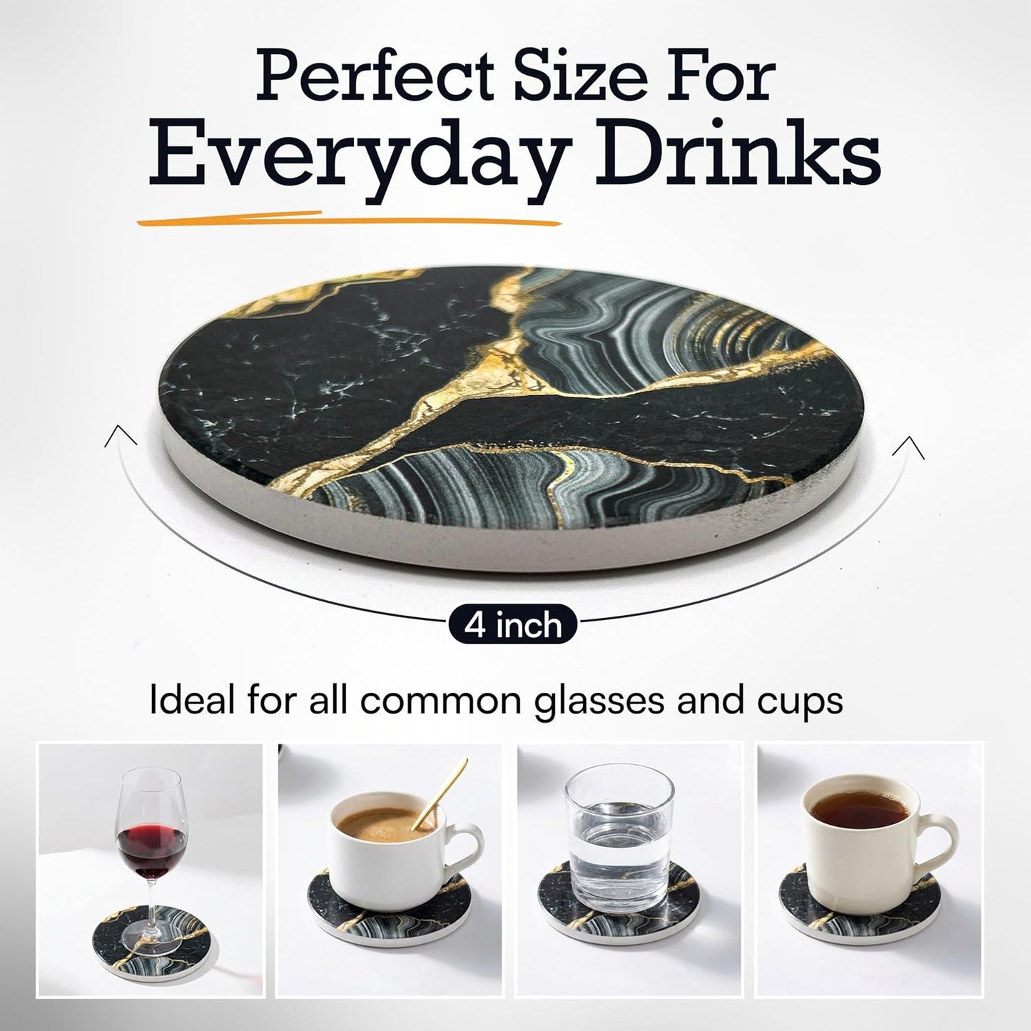Elegant Black & Gold Marble Ceramic Coasters - Set of 6 with Gold Metal Holder - Round Drink Coasters for Coffee, Tea, Whiskey, Wine - Stylish Home & Kitchen Decor