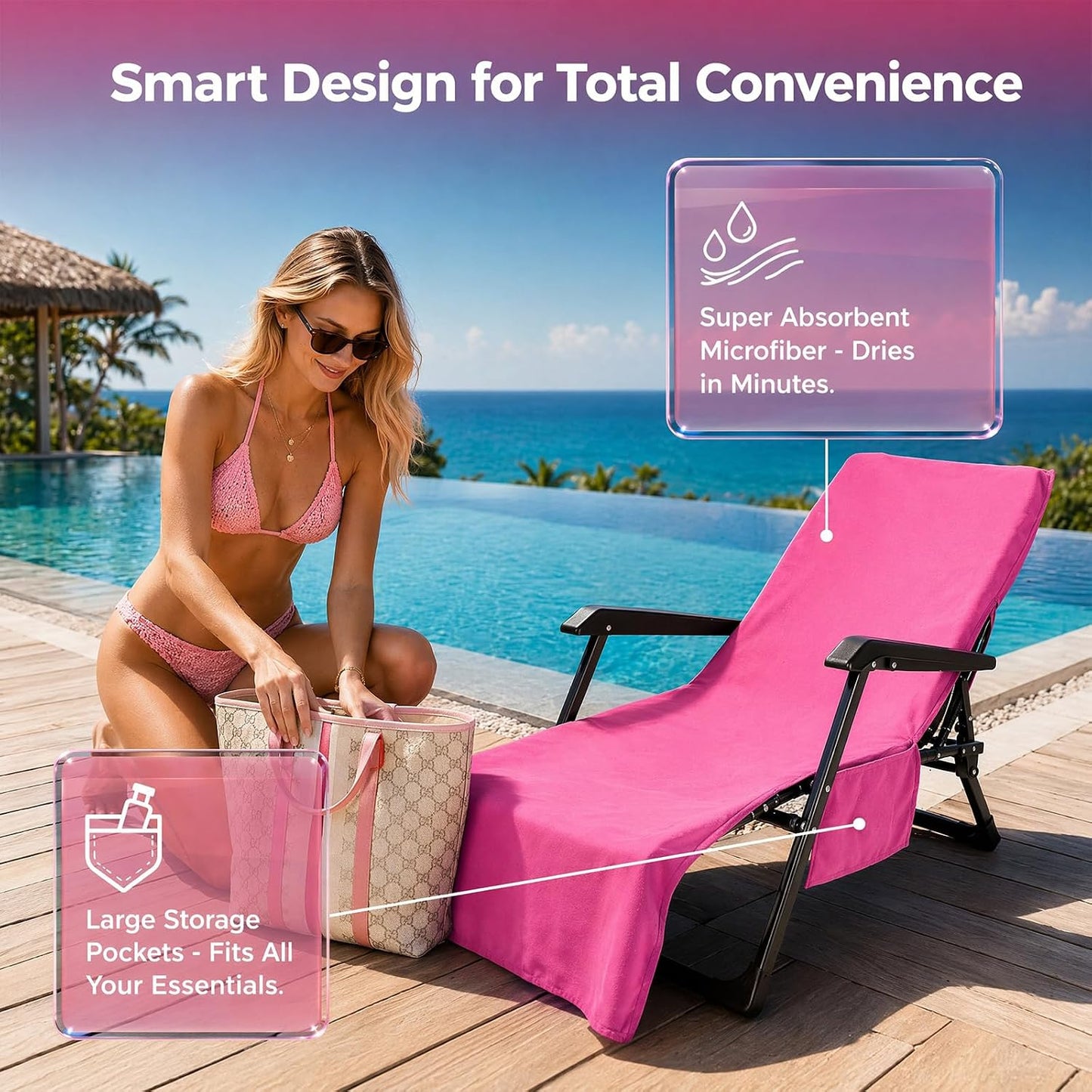 VOCOOL Sun Beach Chair Cover Towel Pool Chair Cover with Side Pockets Chaise Lounge Cover Lounger Mate for Sunbathing Lounger Hotel Garden Holiday Garden Pool, Pink