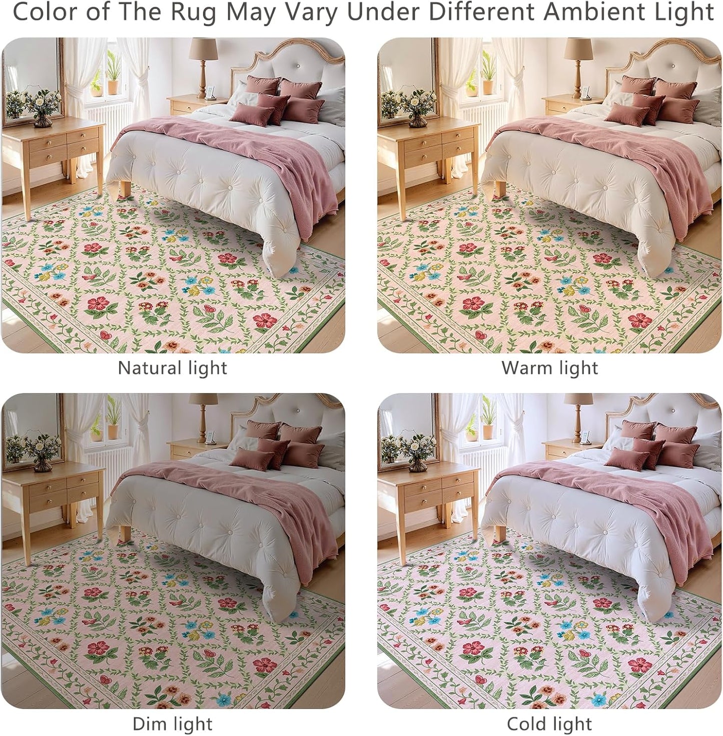Washable 9x12 Area Rugs - Large Stain Resistant Pink Living Room Rug Non-Slip Soft Boho Floral Rugs for Bedroom Aesthetic Farmhouse Flower Big Carpet for Dining Room Under Table Kids Room