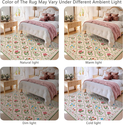 Washable 9x12 Area Rugs - Large Stain Resistant Pink Living Room Rug Non-Slip Soft Boho Floral Rugs for Bedroom Aesthetic Farmhouse Flower Big Carpet for Dining Room Under Table Kids Room