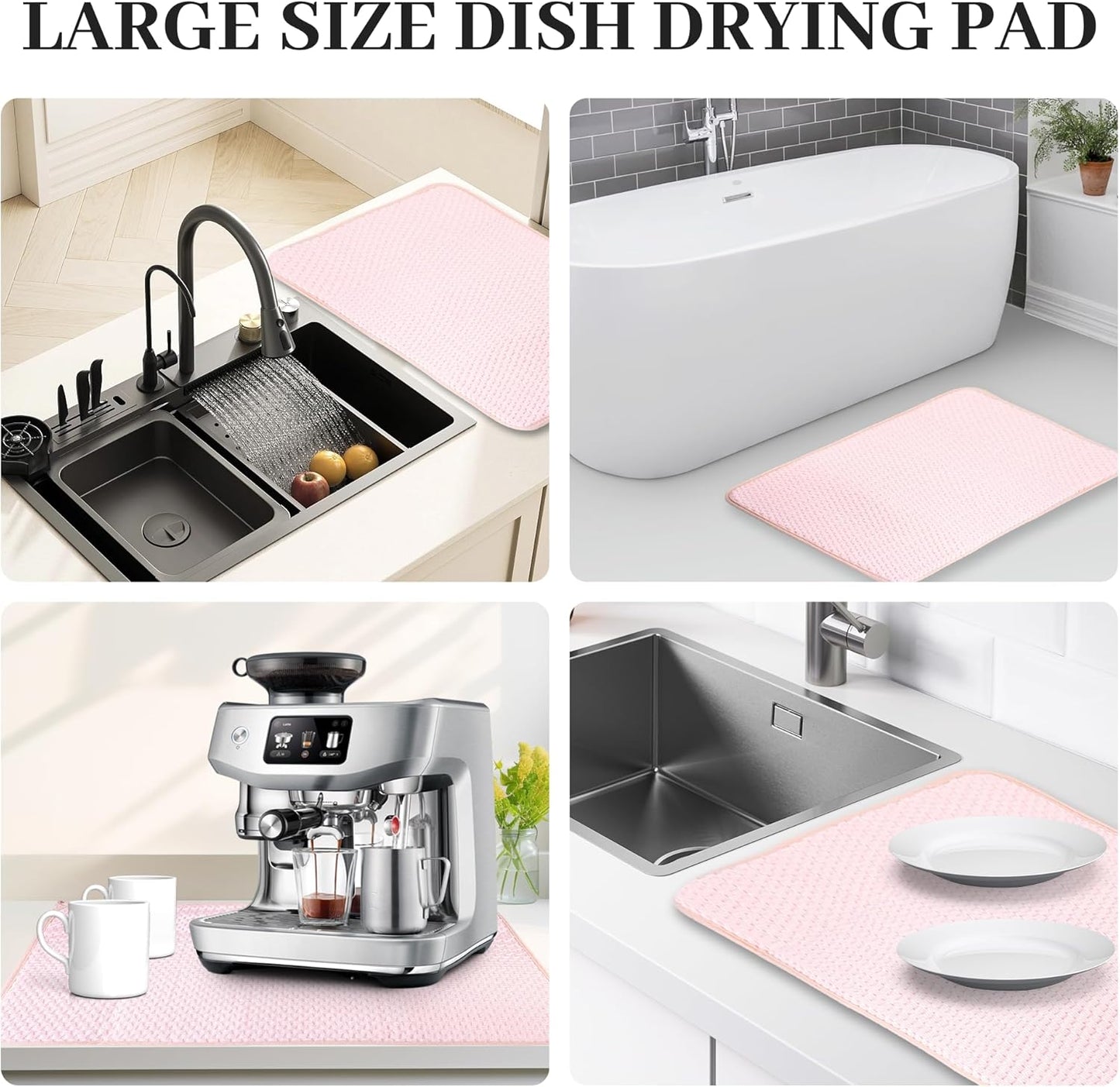Dish Drying Mat, 2 Pack Microfiber Absorbent Pink Dish Drying Mat for Kitchen Counter, Large Size Dish Drying Pad