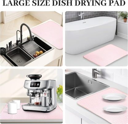 Dish Drying Mat, 2 Pack Microfiber Absorbent Pink Dish Drying Mat for Kitchen Counter, Large Size Dish Drying Pad