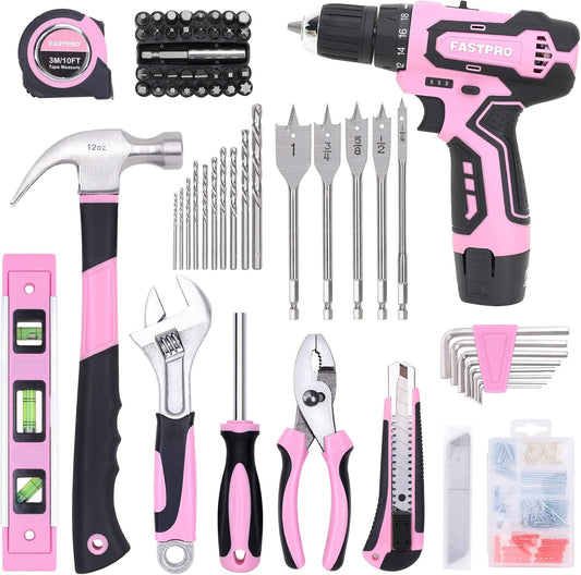 FASTPRO 175-Piece 12V Pink Drill Set, Cordless Driver and Tool Kit, House Repairing Tool with 12-Inch Storage Bag, For DIY, Home Maintenance