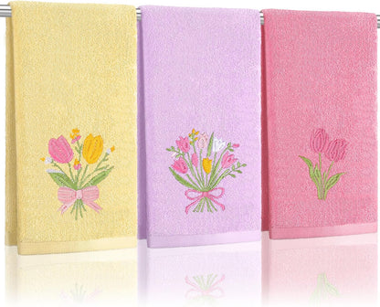 Tingjoo 3 Pcs Pastel Tulips Hand Towels Spring Pink Tulip Bouquet Floral Bath Towels 14 x 29 Inch Soft Cute Flower Washable Embroidered Decorative Spring Summer Cotton Decor for Bathroom Kitchen