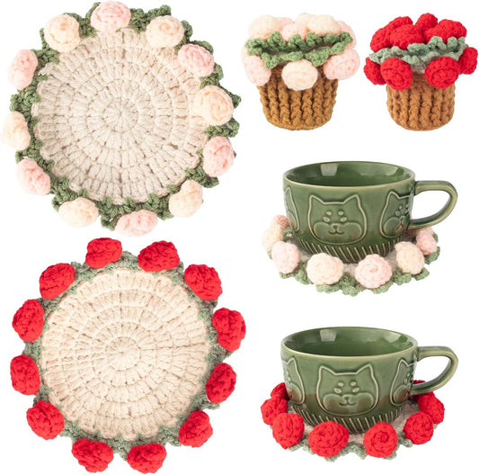 Crochet Flowers Coasters with Basket,Handmade Rose Bouquet Blanket Kawaii Decor Coaster for Desk,Coffee Table,Home Decor,Wedding Gift,Housewarming,Birthda(2Pcs) (Red,Pink)