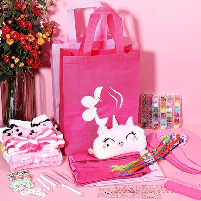 Suhine 6 Sets Girls Spa Birthady Party Supplies Birthday Print Satin Robe Tote Bags Spa Kit Nail Salon Kit(Pink Series)