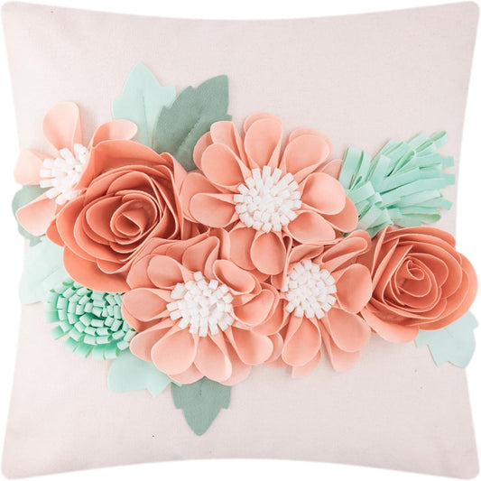 JWH 3D Flower Throw Pillow Cover Aesthetic Decorative Floral Accent Pillow Colorful Cushion for Bed Living Room Couch Office Decor 18x18 Inch Beige Green Pink