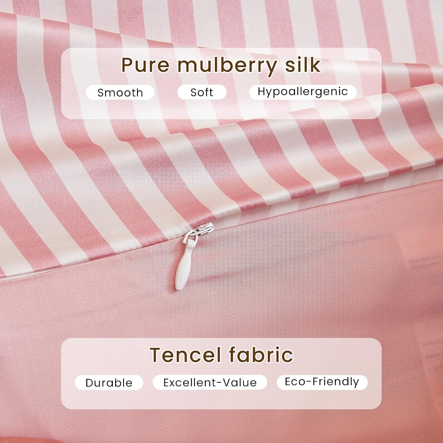 THXSILK Mulberry Silk Pillowcase for Hair and Skin Health, Grade 6A+ Mulberry Silk Pillowcase with Hidden Zipper, Soft and Breathable, 1pc (Standard 20"x26", Pink White Stripes)