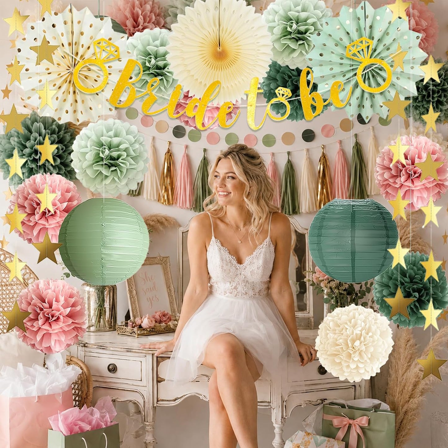 Bridal Shower Decorations, Dusty Pink and Sage Green Bridal Shower Decorations, Boho Bride to Be Wedding Shower Decoration, Bachelorette Party Decoration with paper pompoms, Fans, Tissue Garland