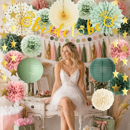 Bridal Shower Decorations, Dusty Pink and Sage Green Bridal Shower Decorations, Boho Bride to Be Wedding Shower Decoration, Bachelorette Party Decoration with paper pompoms, Fans, Tissue Garland