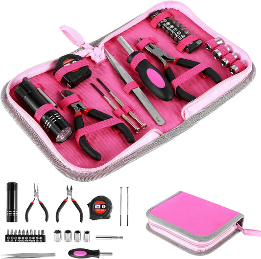 23Pcs Household Repair Tool Kit Multifunctional Pink Home Hand Tool Set with Storage Bag Portable Women Repair Tool Combination Set with for DIY Home Repair(Pink)