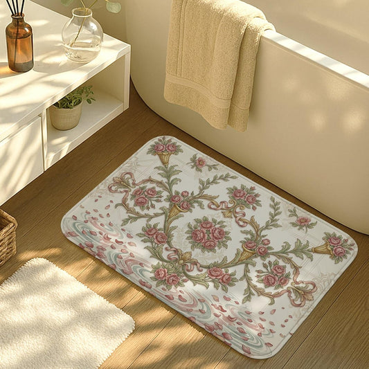 Vintage Floral Quick Dry Bath Mat, Elegant Peach Roses Botanical Absorbent Non Slip Shower Mat, Spring Decorative Flannel Washable Bath Rugs for Bathroom Toilet Restroom 20x32 Inch