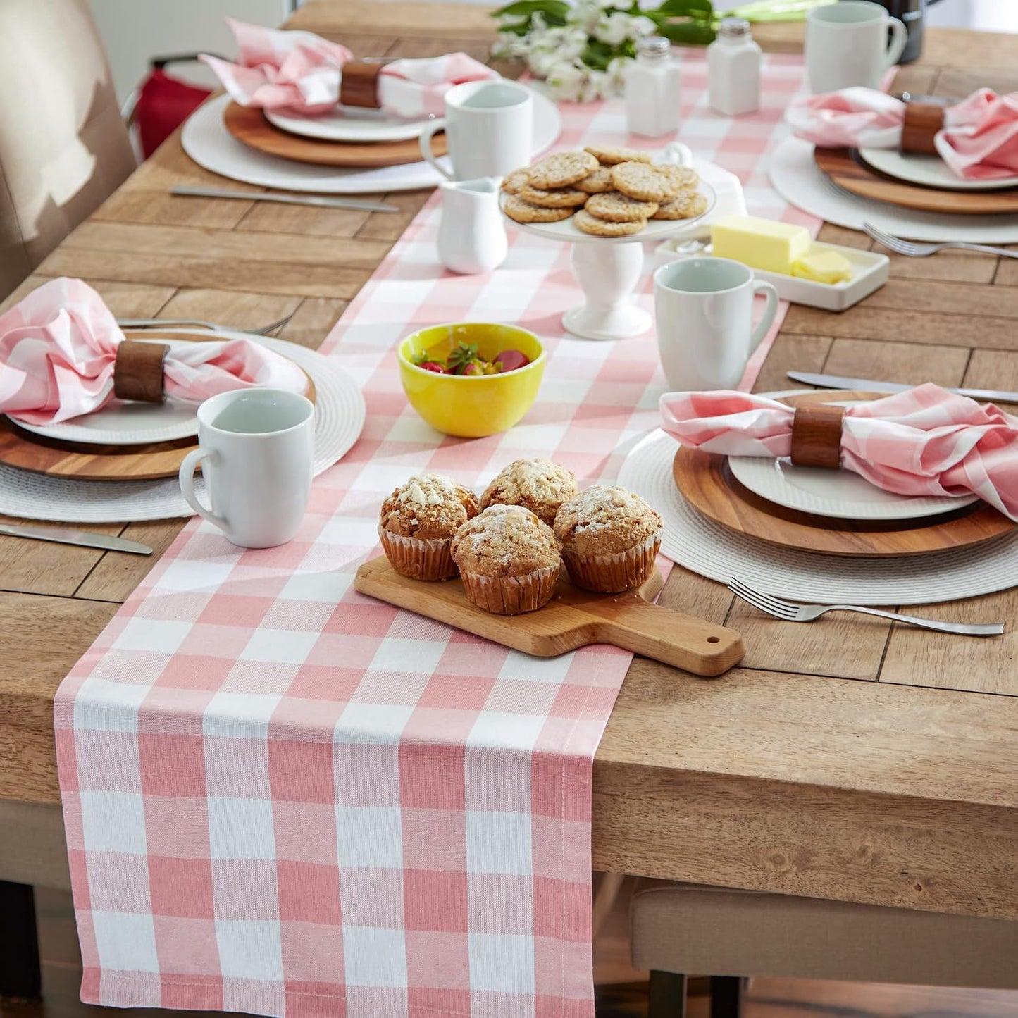 DII Buffalo Check Collection, Classic Farmhouse Table Runner, 14x108, Pink & White