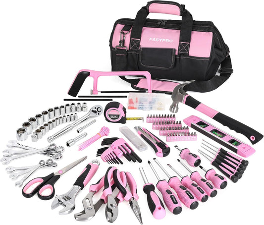 FASTPRO 267-Piece Pink Tool Set, Home Repairing Tool Kit with 13-Inch Wide Mouth Open Bag, Mechanics Hand Tool Kit for DIY, Home Maintenance