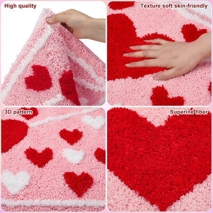 Lyrow Envelope Red Heart Tufted Bath Mat 17"x 29" Absorbent Love Heart Rug Red Pink White Non Slip Bath Rug Washable Front Door Mat for Wedding Home Bedroom Bathroom Decor