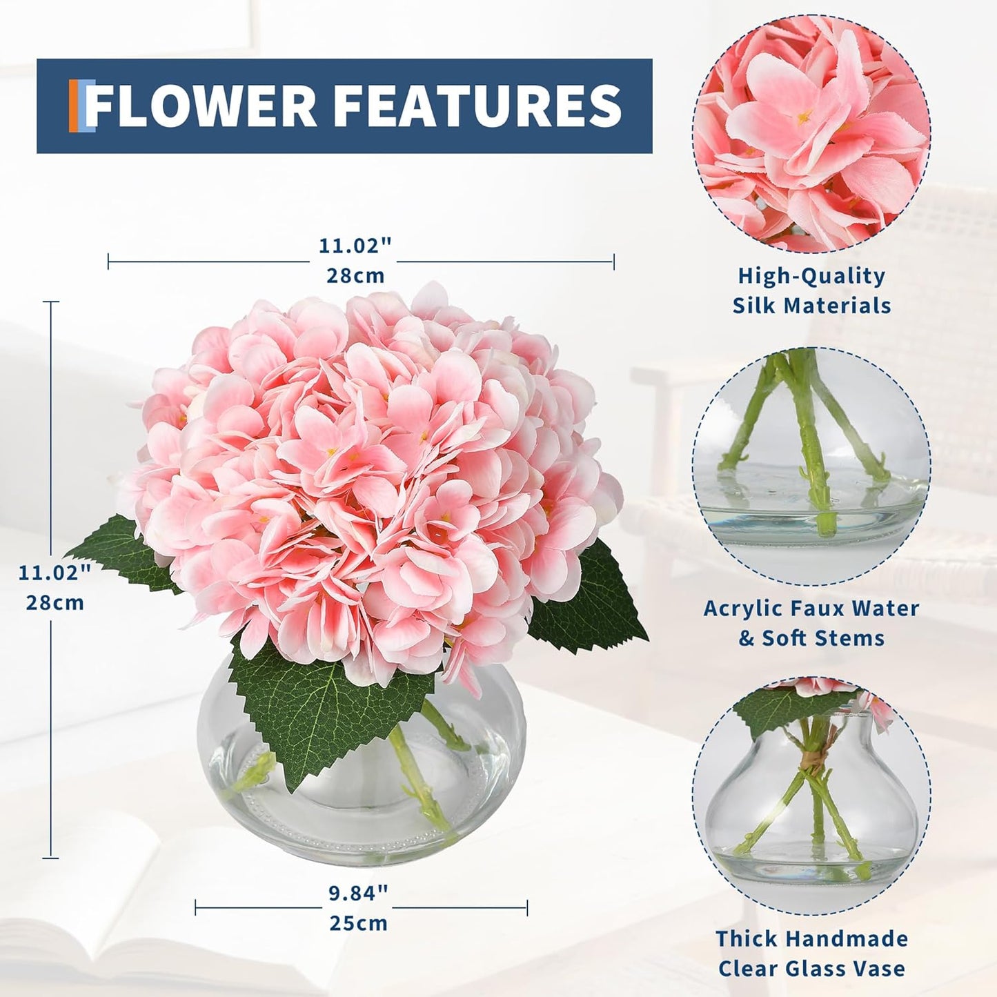 Artificial Hydrangea Flowers with Glass Vase & Fake Water - Faux Hydrangea for Home Table, Wedding Party, Office Decor | Realistic Fake Hydrangeas, Silk Flowers for Vase Arrangement (Hydrangea, pink)