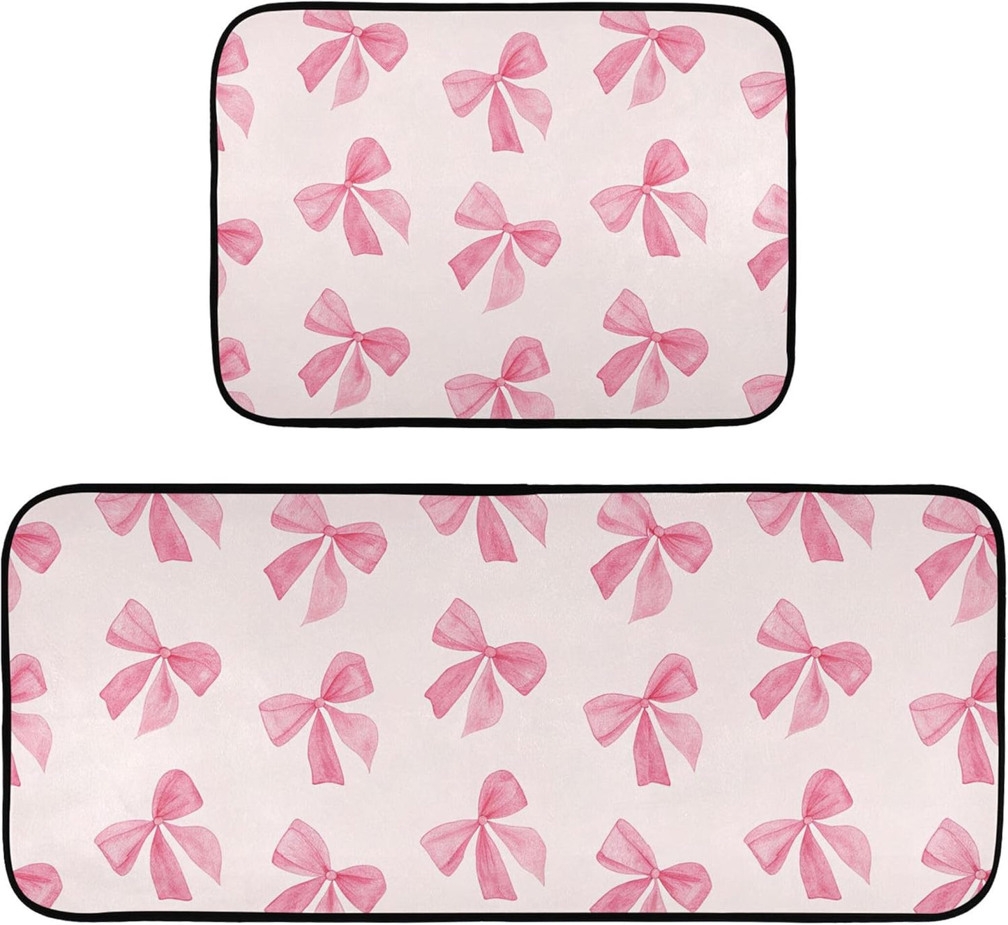 Burbuja Pink Bow Kitchen Rug and Mat Set of 2, Absorbent Washable Non Skid Comfort Standing Floor Mat for Kitchen Bathroom Living Room Sink Laundry