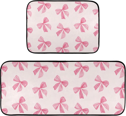 Burbuja Pink Bow Kitchen Rug and Mat Set of 2, Absorbent Washable Non Skid Comfort Standing Floor Mat for Kitchen Bathroom Living Room Sink Laundry