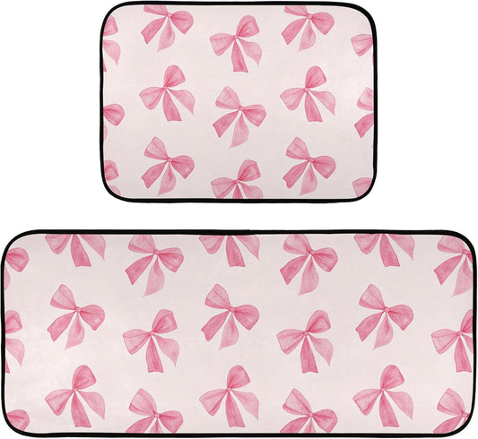 Burbuja Pink Bow Kitchen Rug and Mat Set of 2, Absorbent Washable Non Skid Comfort Standing Floor Mat for Kitchen Bathroom Living Room Sink Laundry