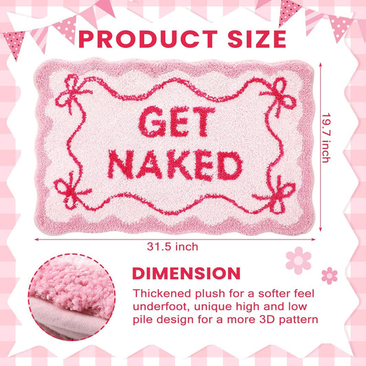 Drydiet Get Naked Bath Mat Pink Bow Bathroom Rugs 32" x 20" Humorous Scalloped Bathroom Decoration Non-Slip Machine Washable Absorbent Plush Bath Floor Carpet for Party Gifts Bathtub Shower