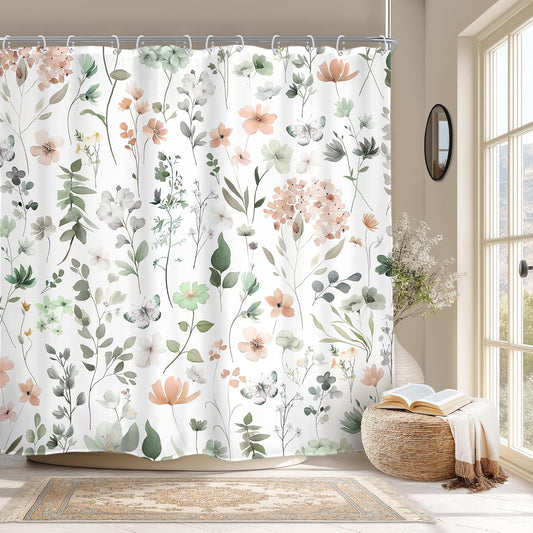 AMBZEK Cute Green Pink Floral Shower Curtain, Spring Watercolor Wildflower Boho Design,Funky Cottagecore Plants Artwork Fabric, Waterproof Polyester Bathroom Decor Set with 12 Hooks, 72" W x 72" L