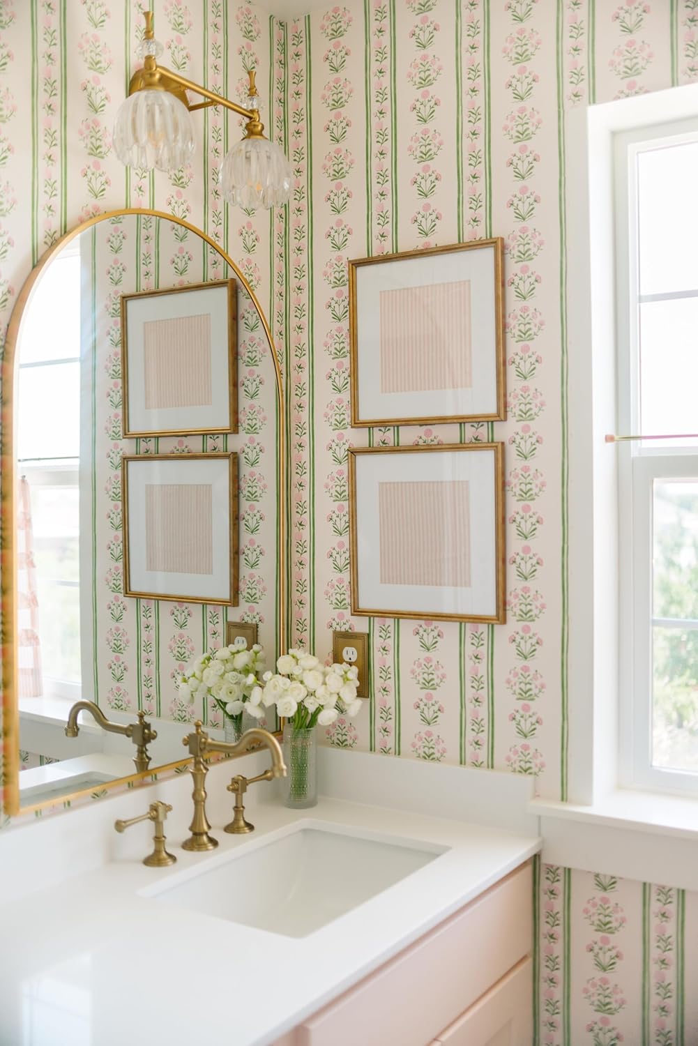 RollsRolla Green Stripe Peel and Stick Wallpaper Featuring Pink Floral, Vintage Farmhouse Inspired Renter Friendly Wallpaper, Cute and Whimsical Style for Girls Room, Bathroom, Laundry Room