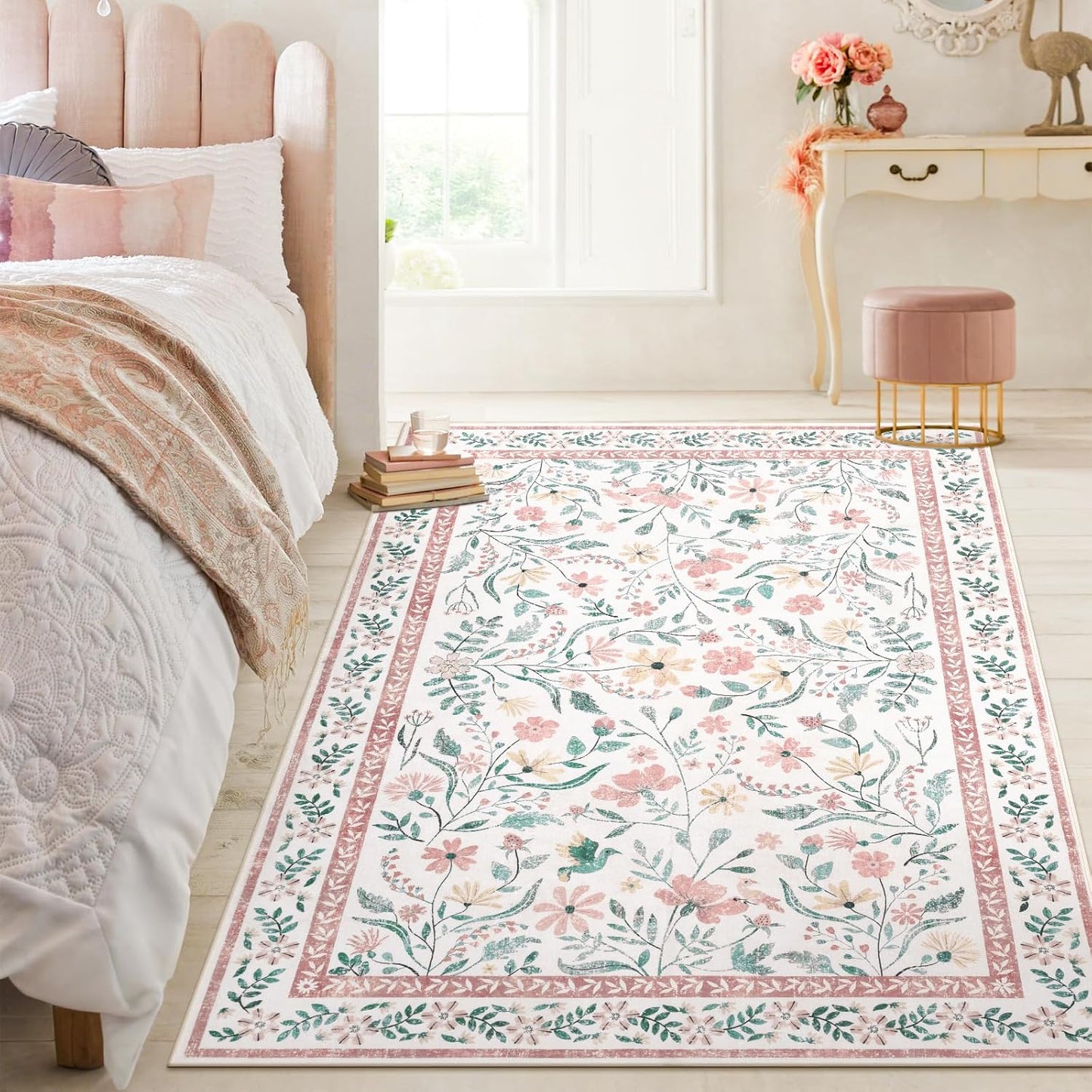 SHACOS 4x6 Boho Area Rugs for Living Room, Machine Washable Floral Carpet for Bedroom Non Slip Soft Nursery Rugs for Kids Room Dining Room Entryway Indoor, Pink