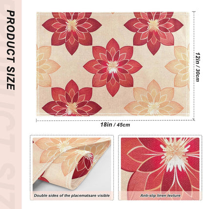 Table Placemats Set of 4 Geometric Flowers Peach Pattern Cotton Linen Cloth Washable Table Mats Heat Resistant Reusable Place Mat for Kitchen Dining 12x18 Inch