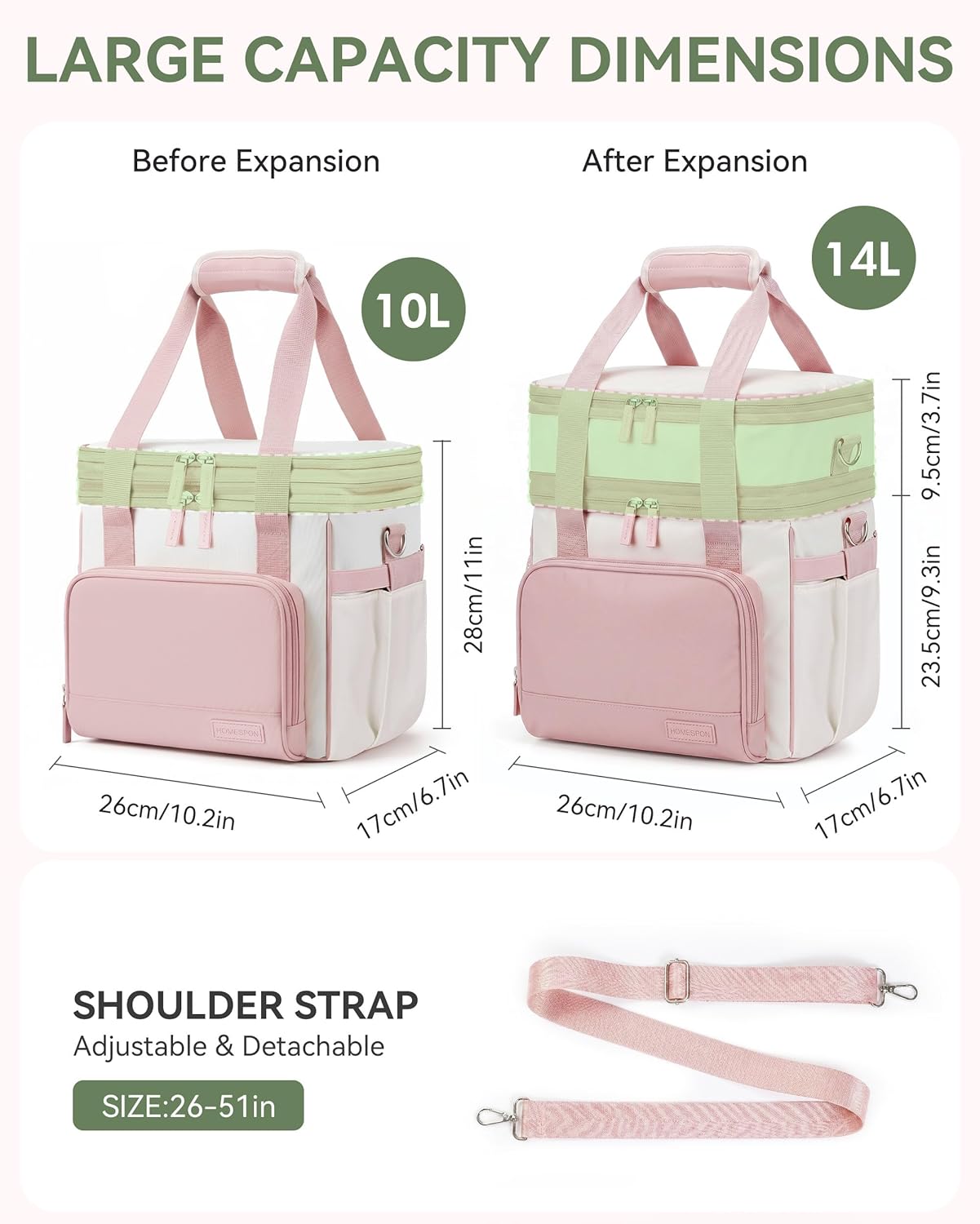 HOMESPON Double Layer Lunch Bag for Women Men, 14L Large Insulated Lunch Box with Shoulder Strap, Expandable Cooler Tote with Cup Holder for Work Office Picnic, Pink