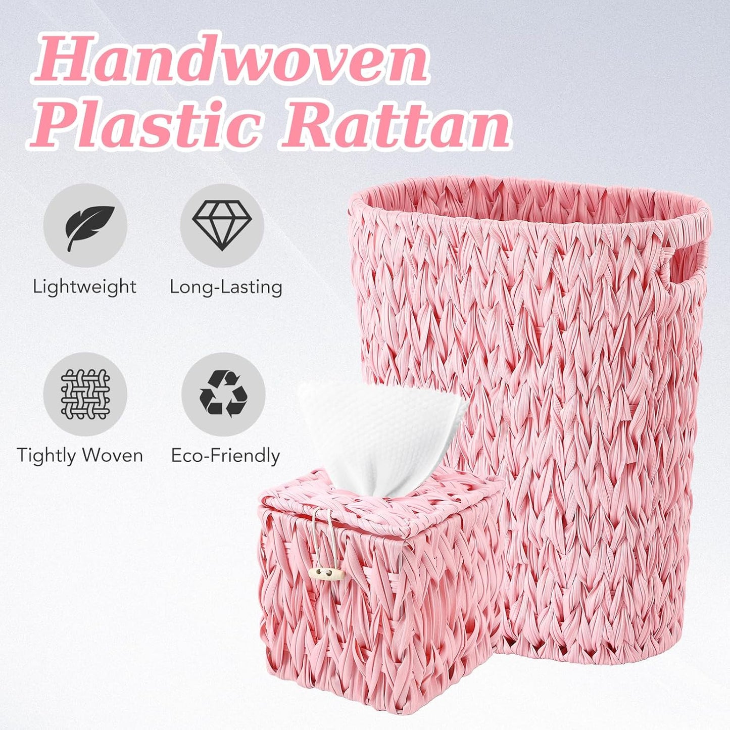 BSSN Wicker Trash Can & Square Tissue Box, Handwoven Waterproof Waste Basket with Handles, Wicker Boho Decorative Home Set for Bedroom, Bathroom, Kitchen, Office, Balcony, Pink